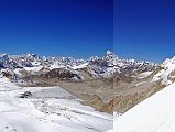 
From the top of the West Col (6135m), the view from southwest to north included P6770, Peak 41, Hongu Peak, Peak 43 Kyashar, Malanphulan, Kangtega, Khatang and Numbur, Tengkangpoche, Panalotapa, Bigphera Go Shar, Mingbo La, Tengi Ragi Tau, Ombigaichen and Ama Dablam, Gauri Shankar, Drangnag Ri, Menlungtse, and Taweche. The Amphu Labtsa (Lapcha) Pass (5780m) to the Chukung Valley is to the left of the long ridge descending from Baruntse. Baruntse Base Camp is next to the lake in the centre.
